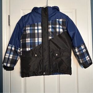 Joe Fresh Boys Winter Jacket M/M Blue Plaid Detachable Hood Snow Ski Outdoor